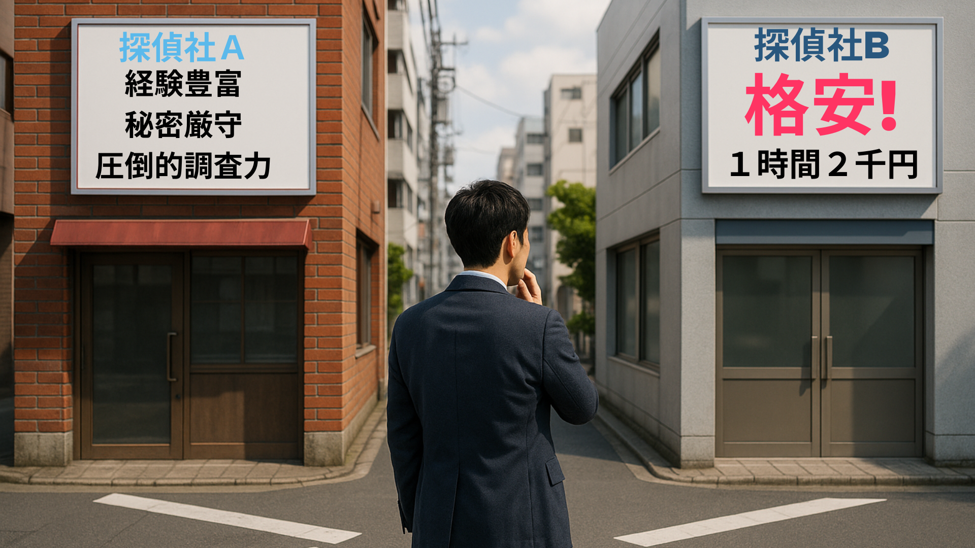 ２つの探偵社があり、格安探偵社を見てる男性