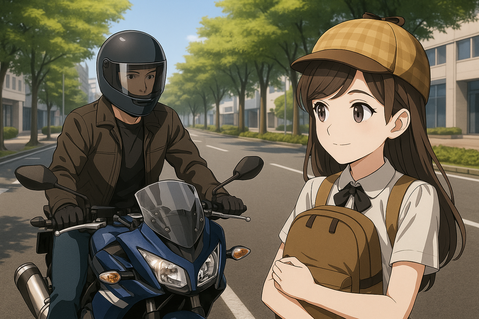 バイク班に感謝する女探偵のイメージ