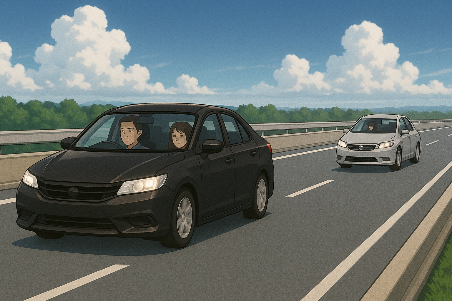 高速道路を走る不倫カップルの車と追尾する探偵車のイラスト