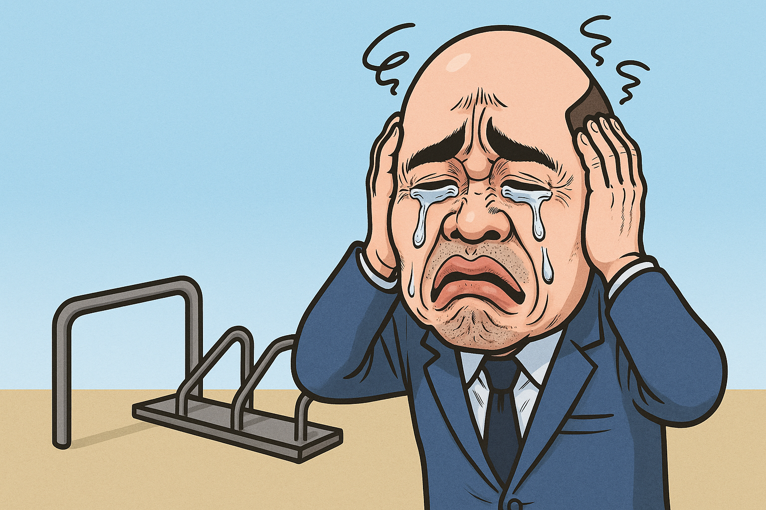 自転車を盗まれて頭を抱える被害者のイラスト