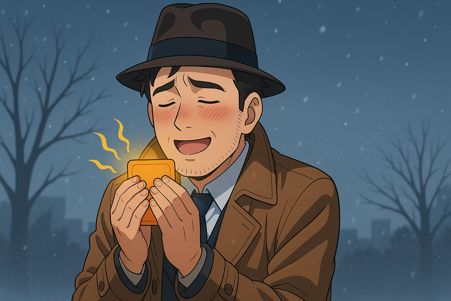 ホッカイロに感謝する探偵イラスト