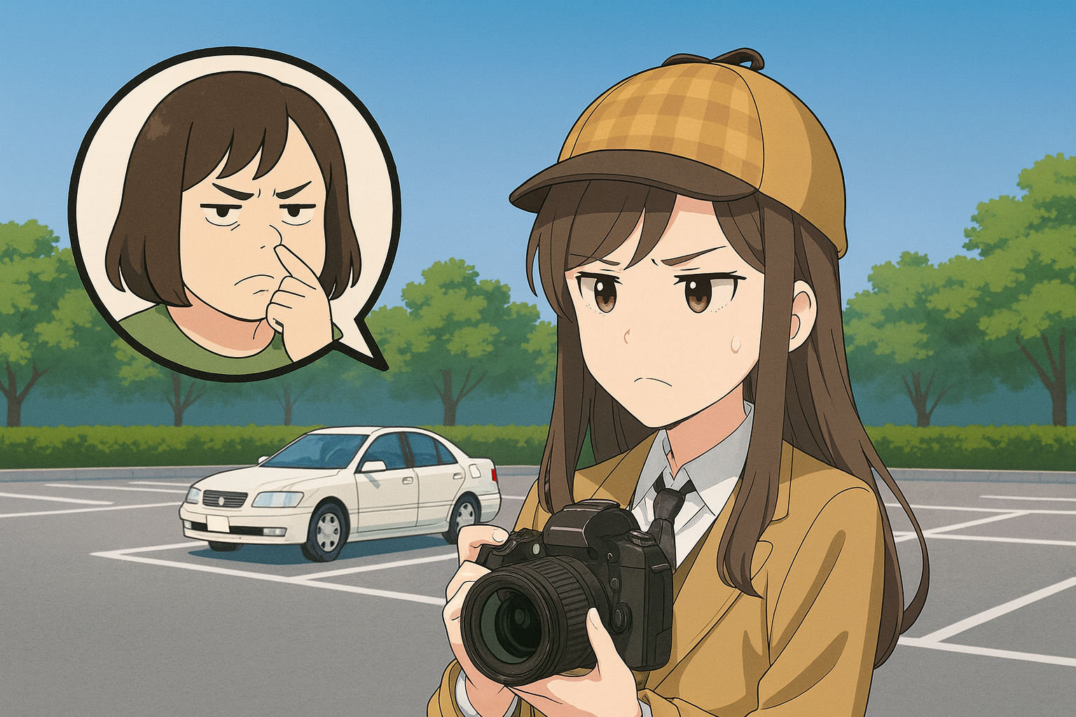 パーキングエリアでの張り込みイラスト(女性探偵/白いセダン/吹き出しアップ)