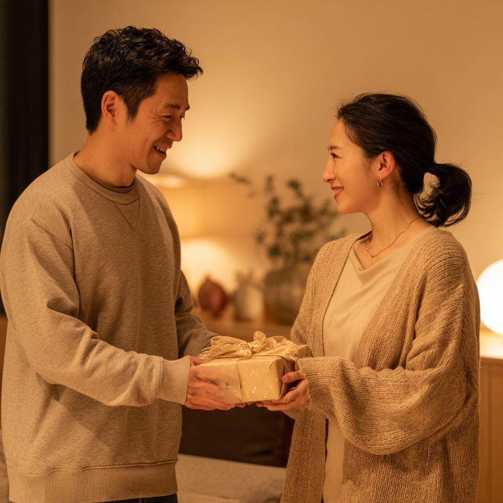妻にプレゼントを渡す夫のイメージ