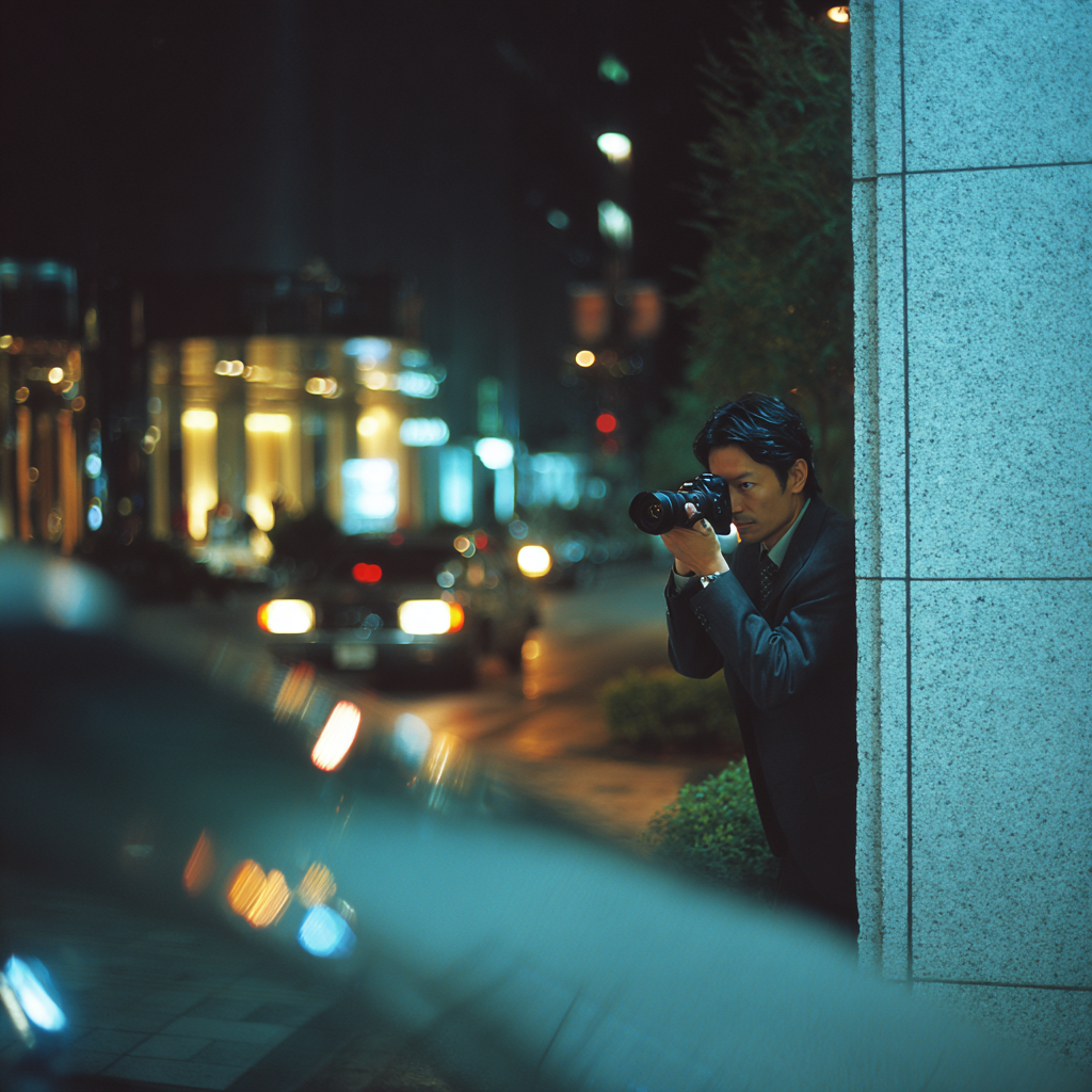 ホテル出入口で証拠撮影を行う探偵