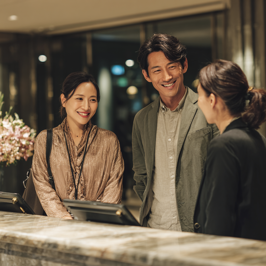 シティホテルで受付する日本人男女