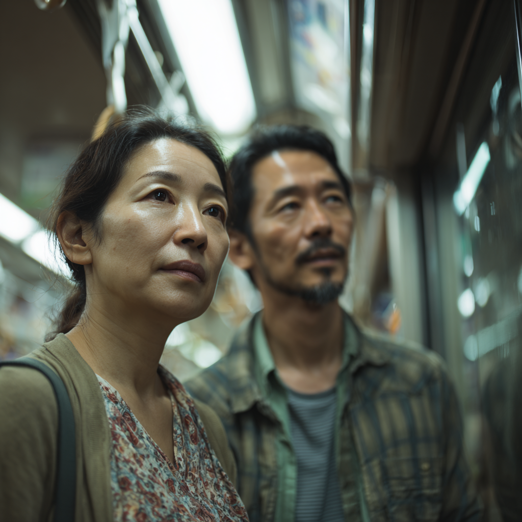 電車移動する浮気カップル
