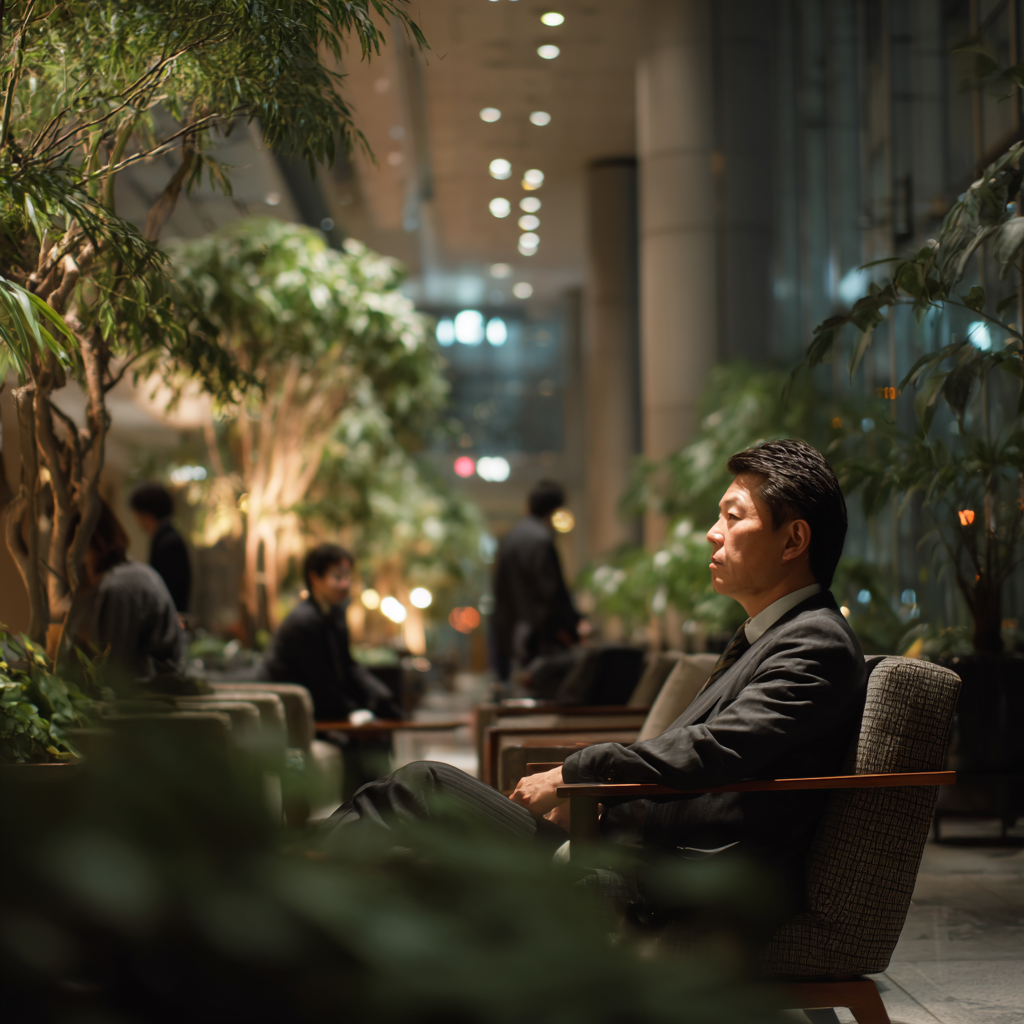 ホテルロビーで対象者を監視する探偵