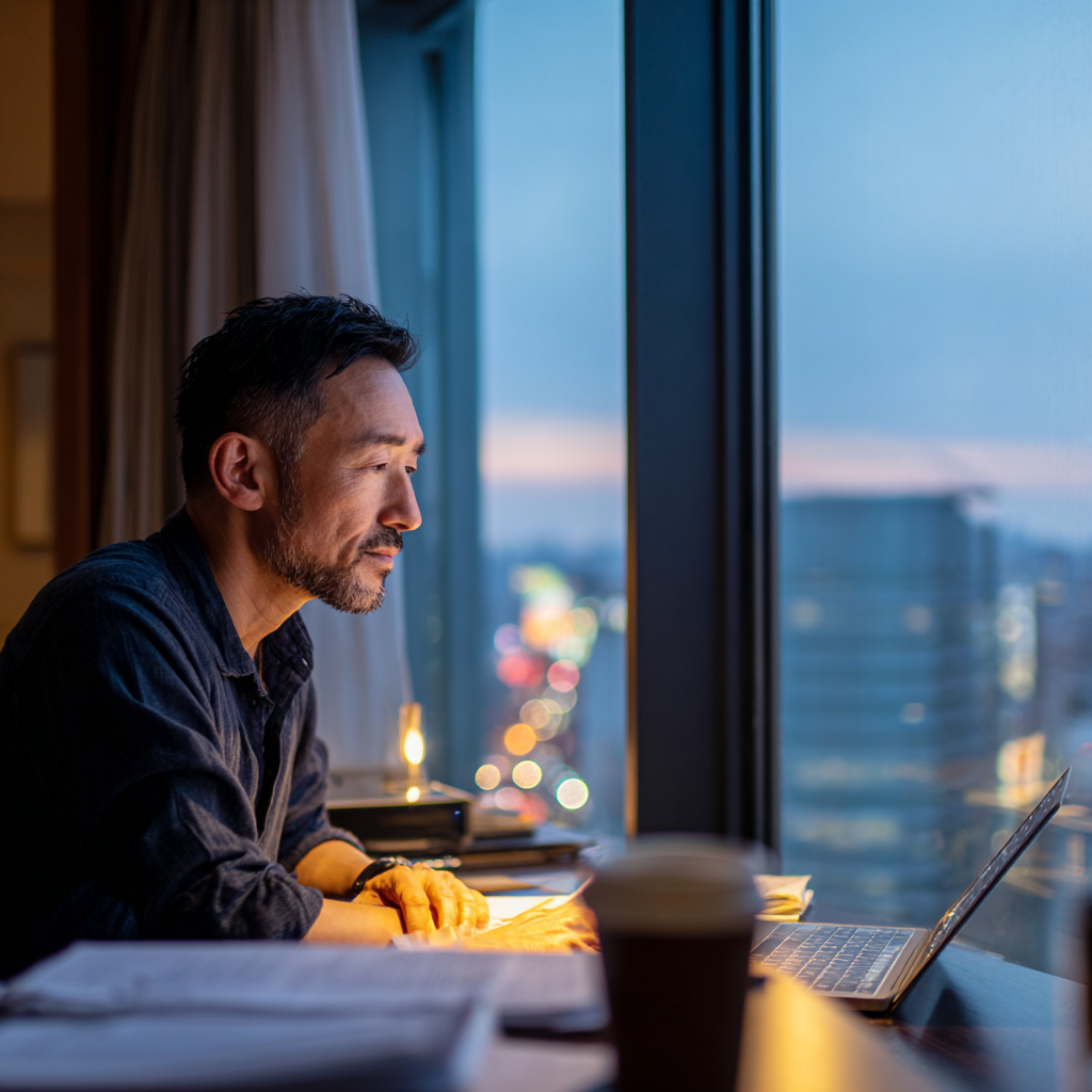 ホテルの部屋でリモートワークをする男性