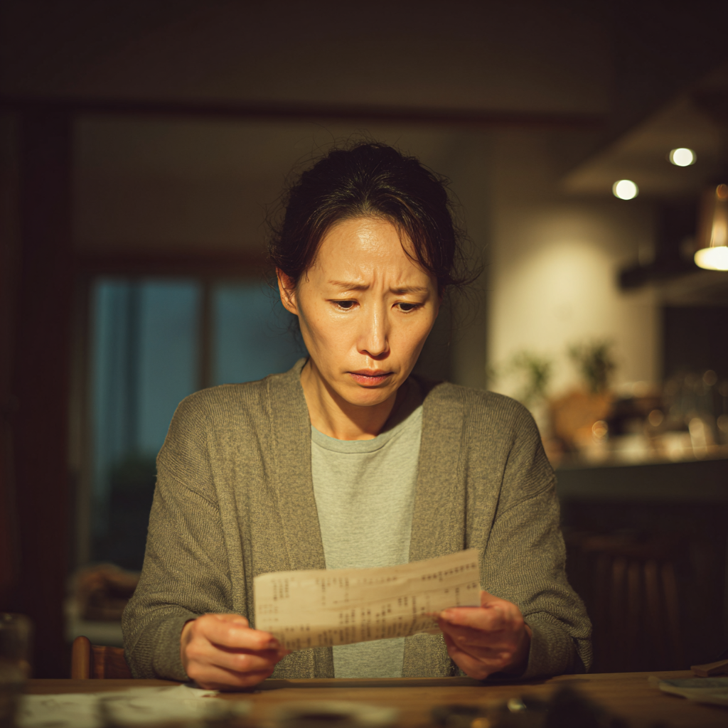 浮気を疑いシティホテルのレシートを見つめる40代女性