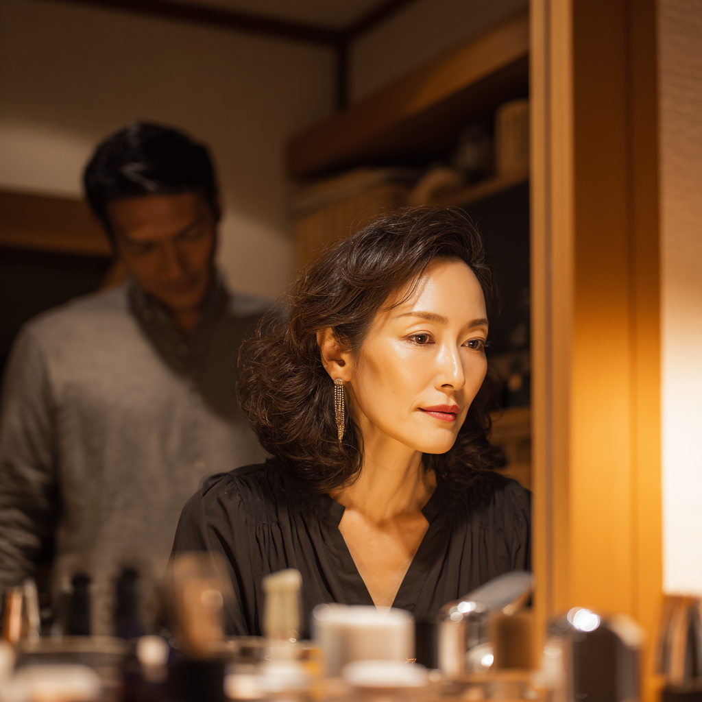 メイクをする妻